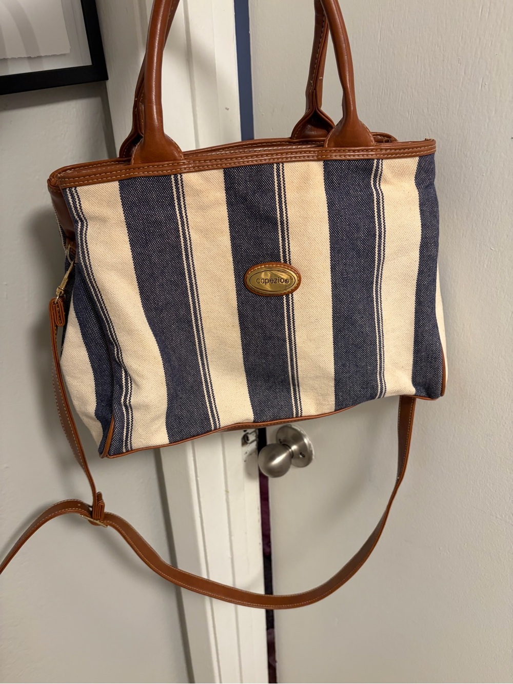 Vintage Capezio Blue & Cream Canvas Striped Tote Crossbody Bag